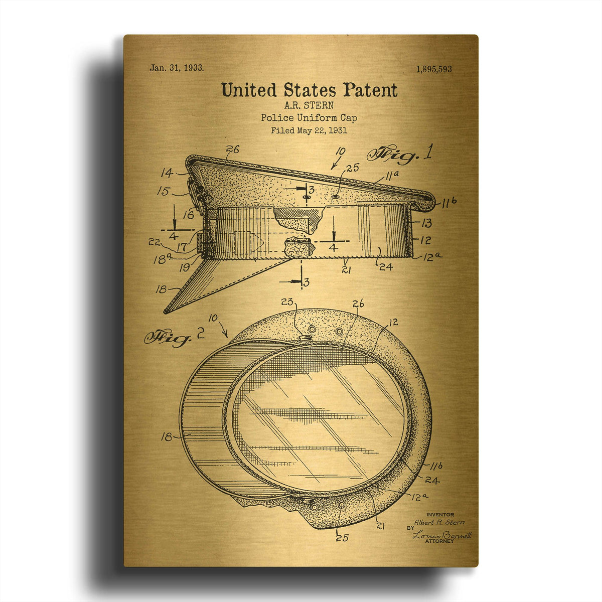 'Police Uniform Cap Blueprint Patent Parchment' By LUXE Gold Metal Wall Art