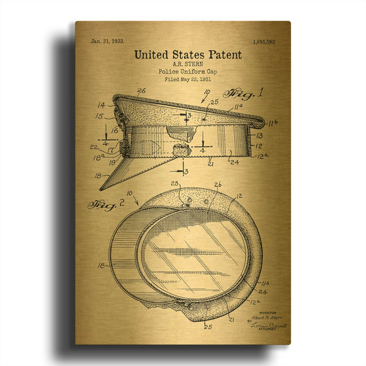 'Police Uniform Cap Blueprint Patent Parchment' By LUXE Gold Metal Wall Art