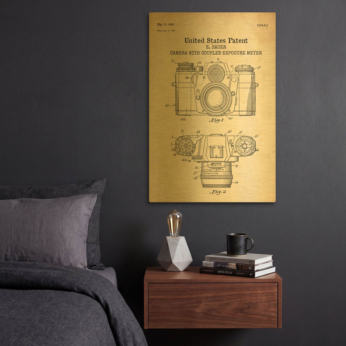 'Camera with Coupled Exposure Meter Blueprint Patent Parchment' By LUXE Gold Metal Wall Art