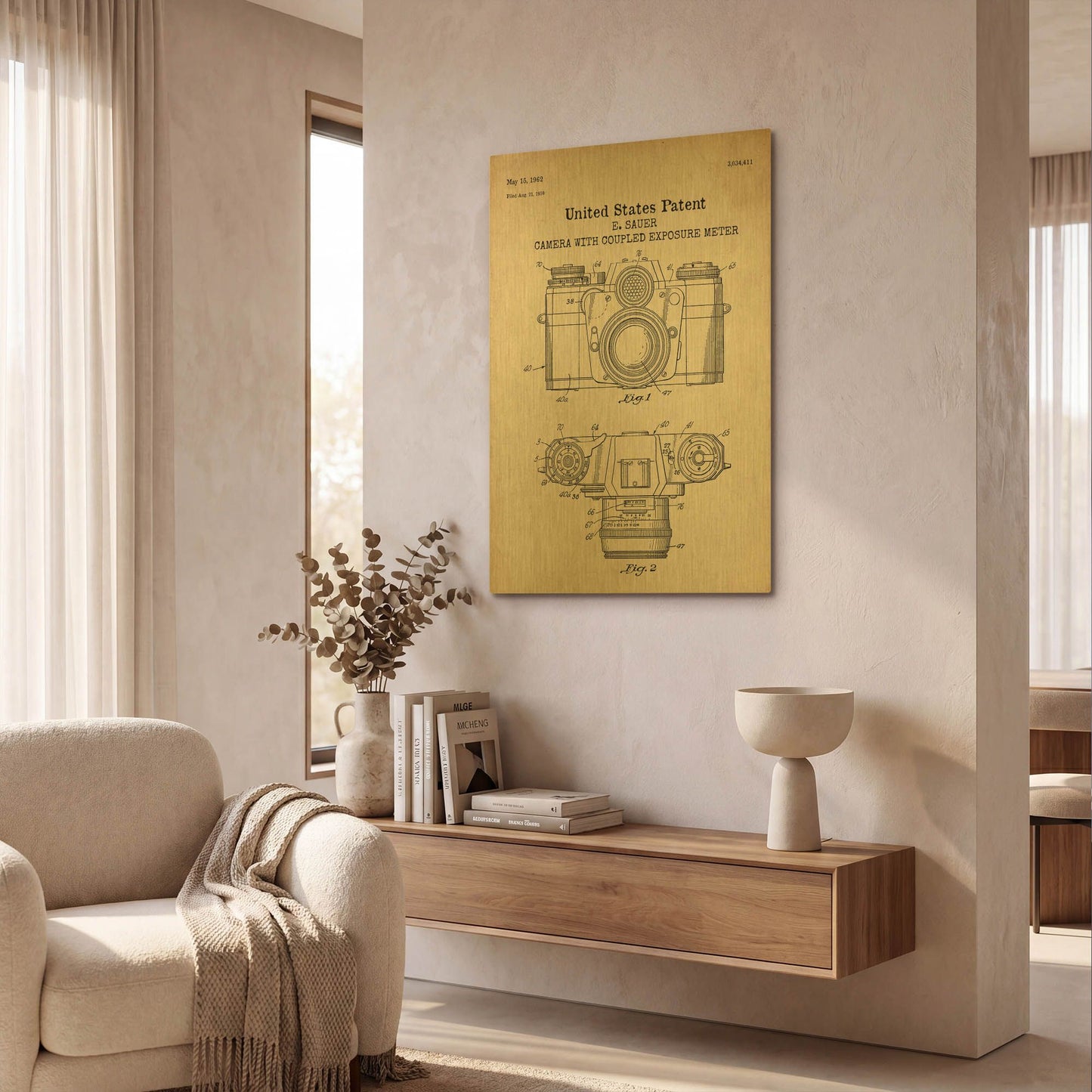 'Camera with Coupled Exposure Meter Blueprint Patent Parchment' By LUXE Gold Metal Wall Art