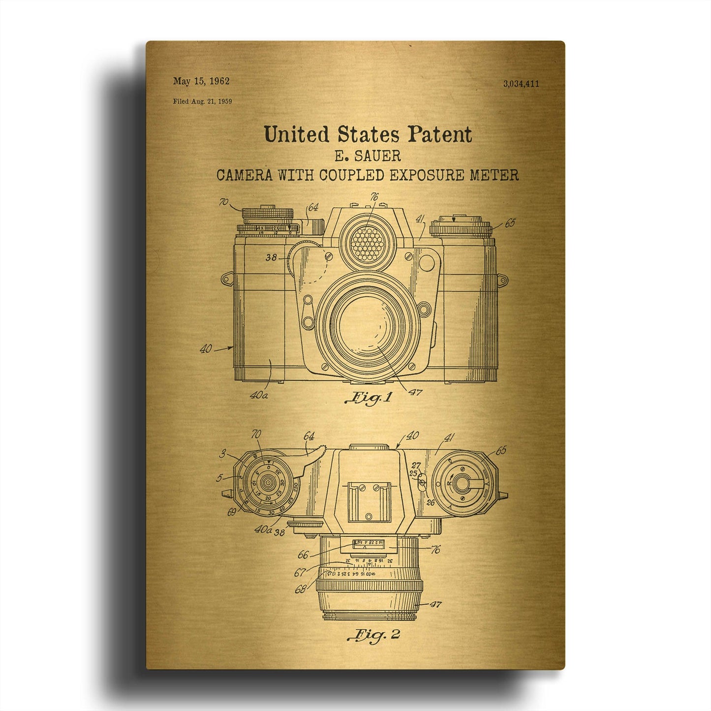 'Camera with Coupled Exposure Meter Blueprint Patent Parchment' By LUXE Gold Metal Wall Art