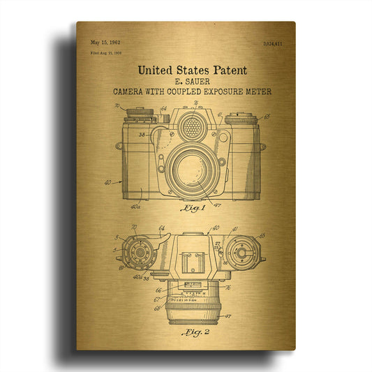 'Camera with Coupled Exposure Meter Blueprint Patent Parchment' By LUXE Gold Metal Wall Art