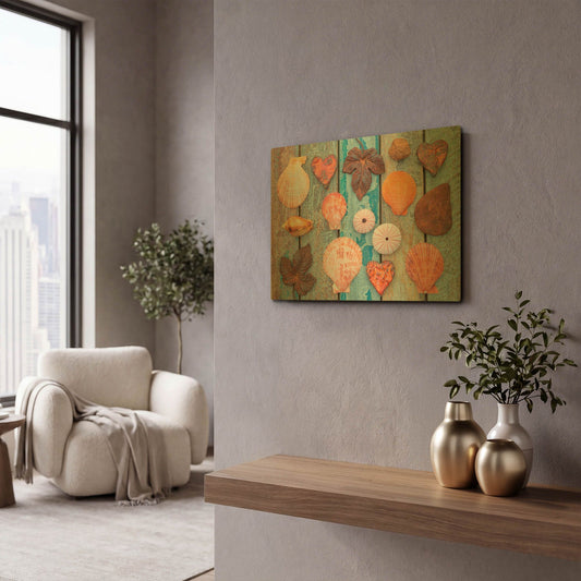 'Shells and Hearts on Planks' By Cora Niele Gold Metal Wall Art