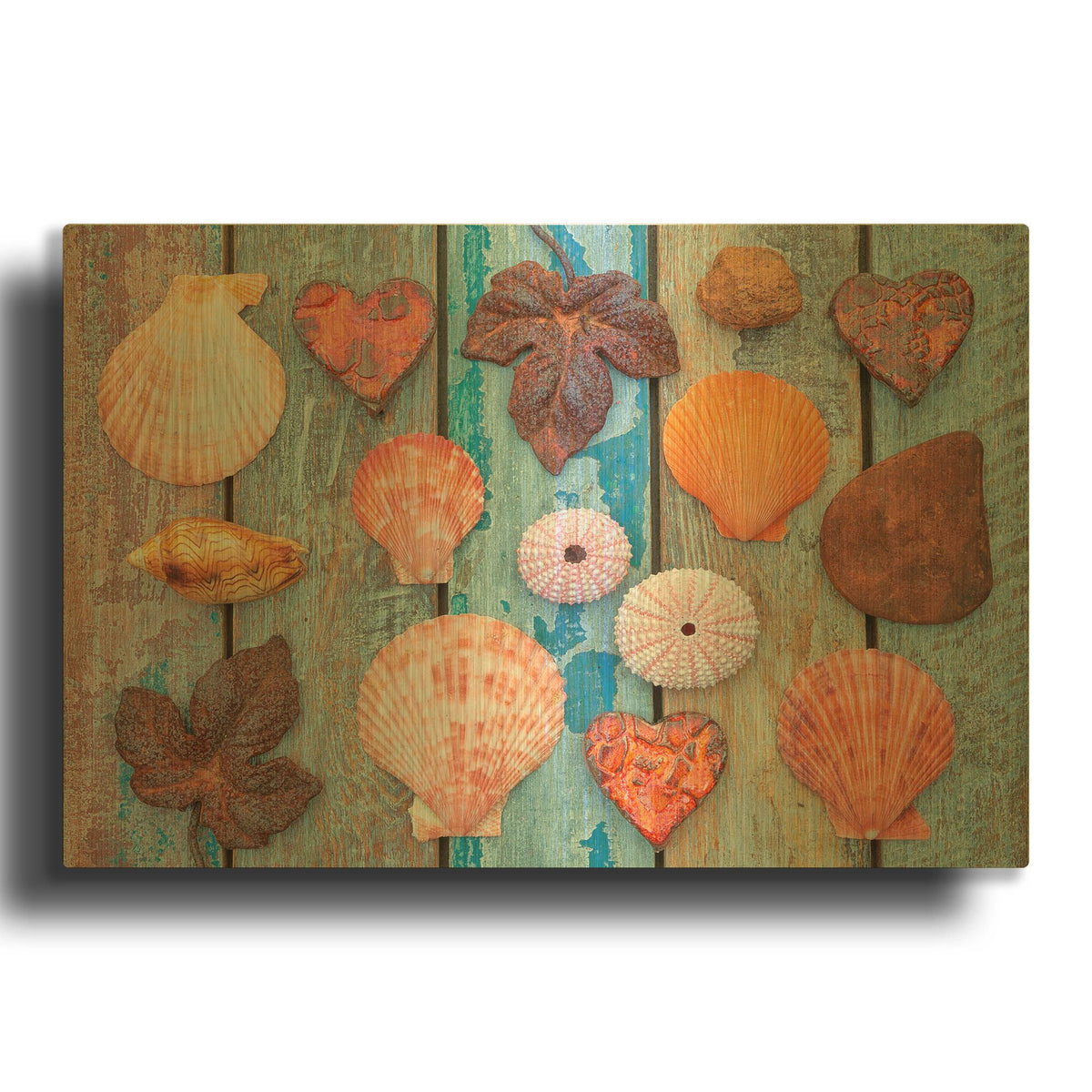'Shells and Hearts on Planks' By Cora Niele Gold Metal Wall Art