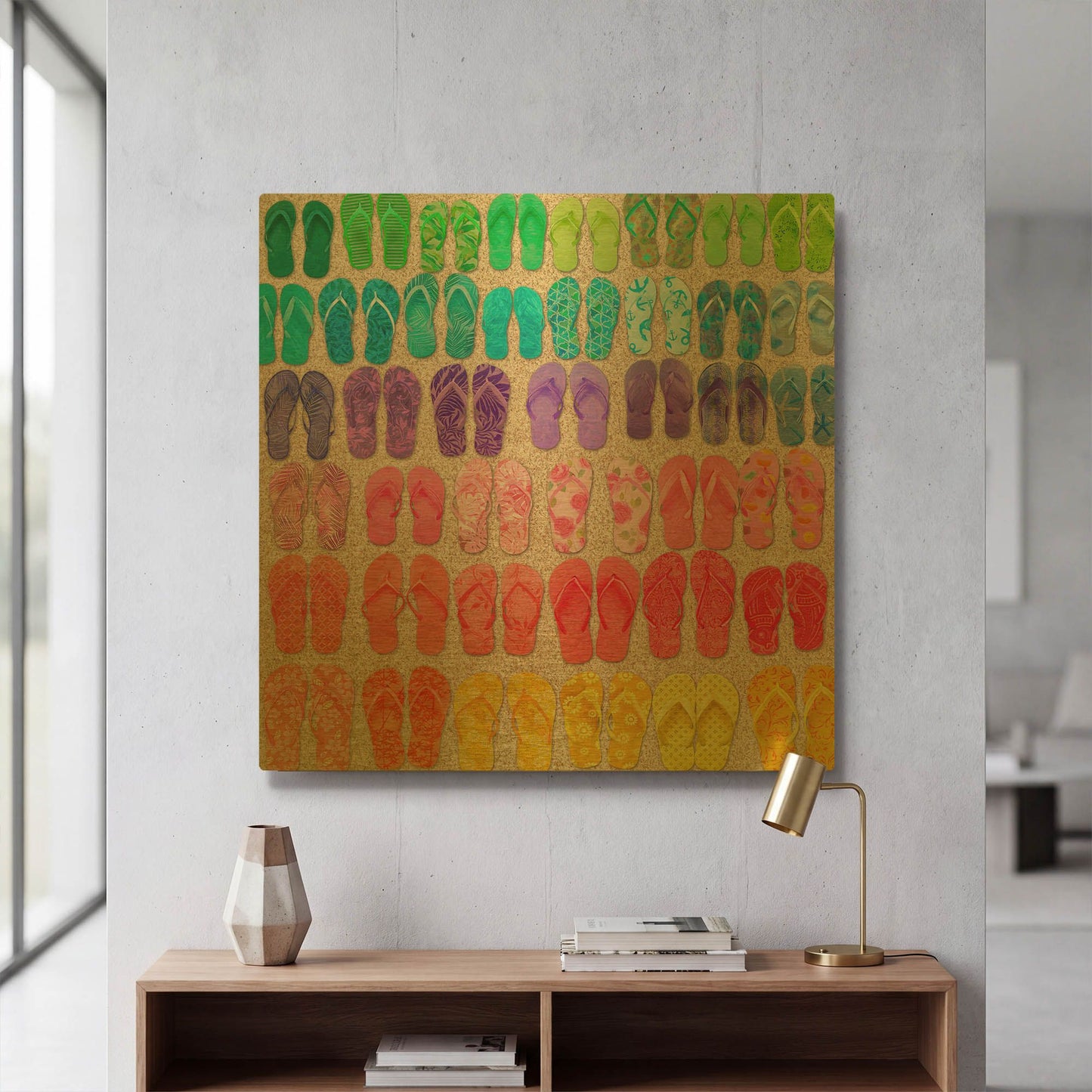 'Rainbow Flipflops' By Cora Niele Gold Metal Wall Art