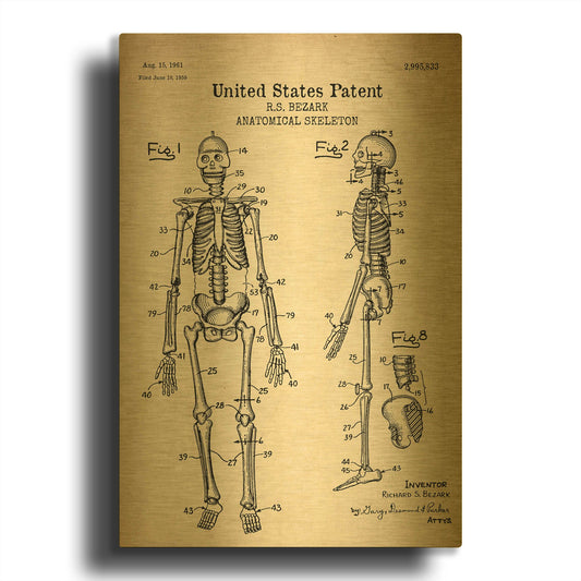 'Anatomical Skeleton Blueprint Patent Parchment' By LUXE Gold Metal Wall Art