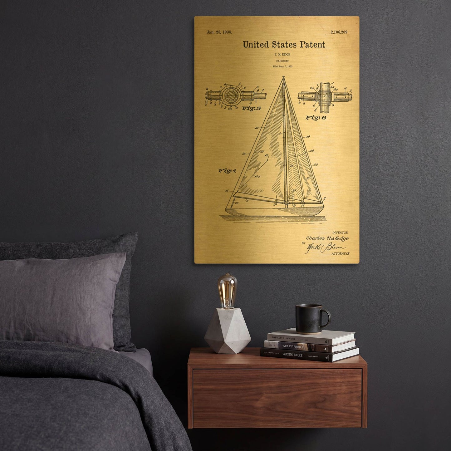 'Sailboat Blueprint Patent Parchment' By LUXE Gold Metal Wall Art
