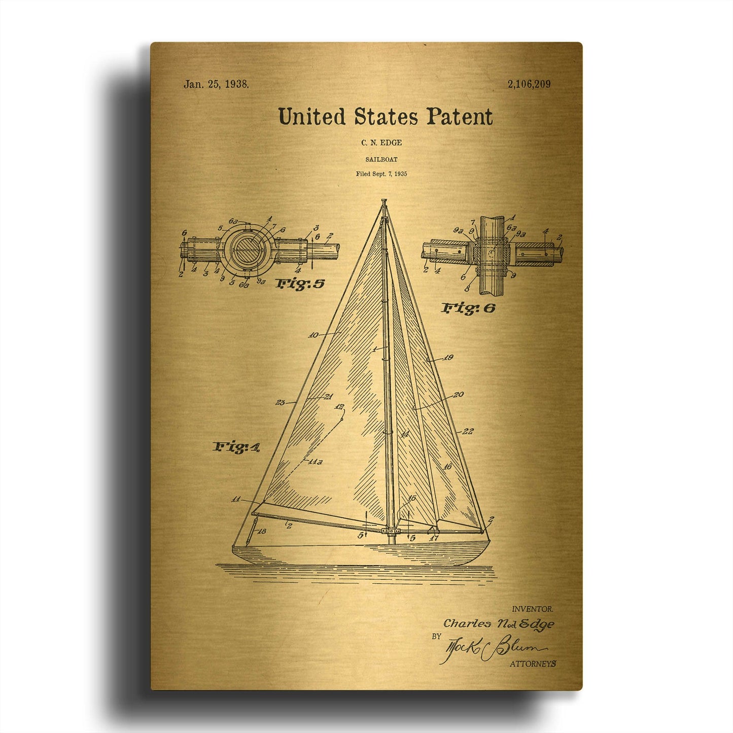 'Sailboat Blueprint Patent Parchment' By LUXE Gold Metal Wall Art