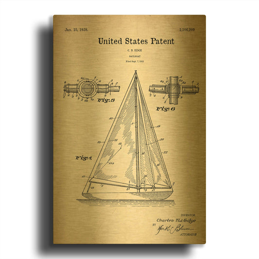 'Sailboat Blueprint Patent Parchment' By LUXE Gold Metal Wall Art