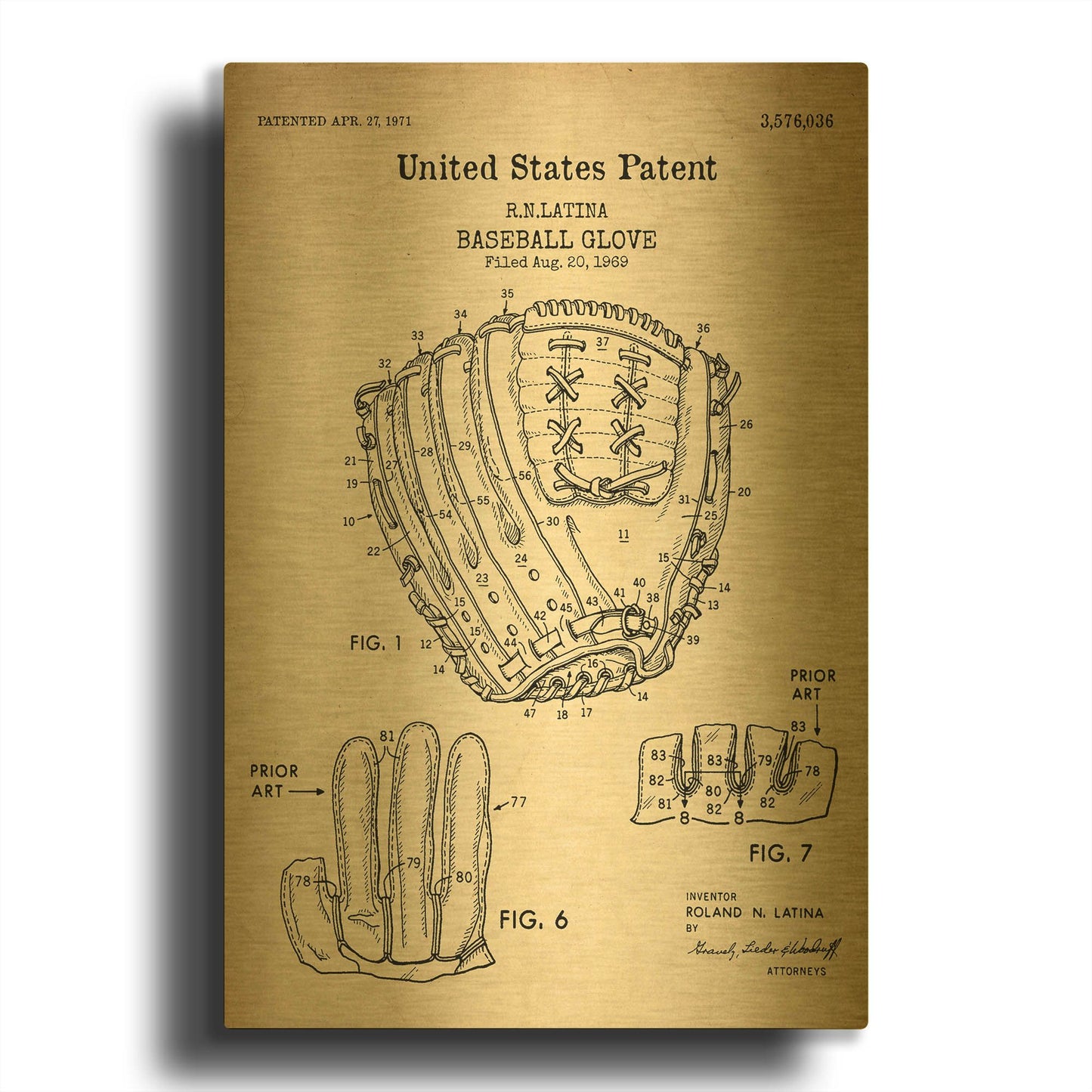 'Baseball Glove, 1971, Blueprint Patent Parchment' By LUXE Gold Metal Wall Art