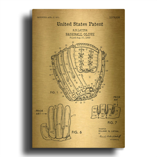 'Baseball Glove, 1971, Blueprint Patent Parchment' By LUXE Gold Metal Wall Art