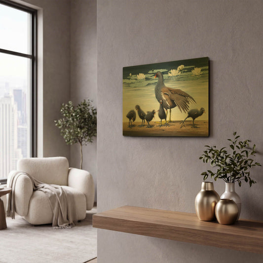 'Common Gallinule With Chicken And Water-Lilies' By Harro Maass Gold Metal Wall Art