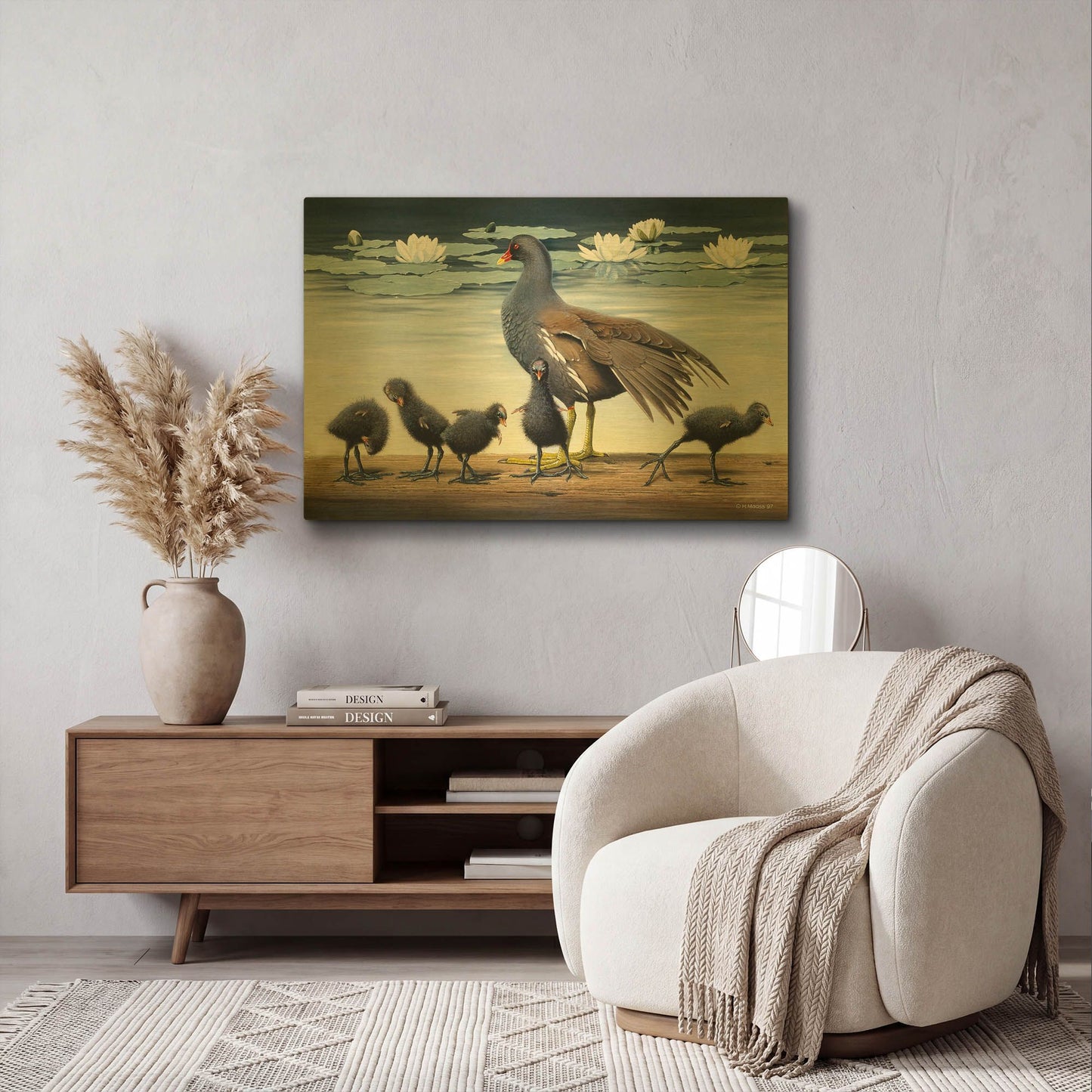 'Common Gallinule With Chicken And Water-Lilies' By Harro Maass Gold Metal Wall Art