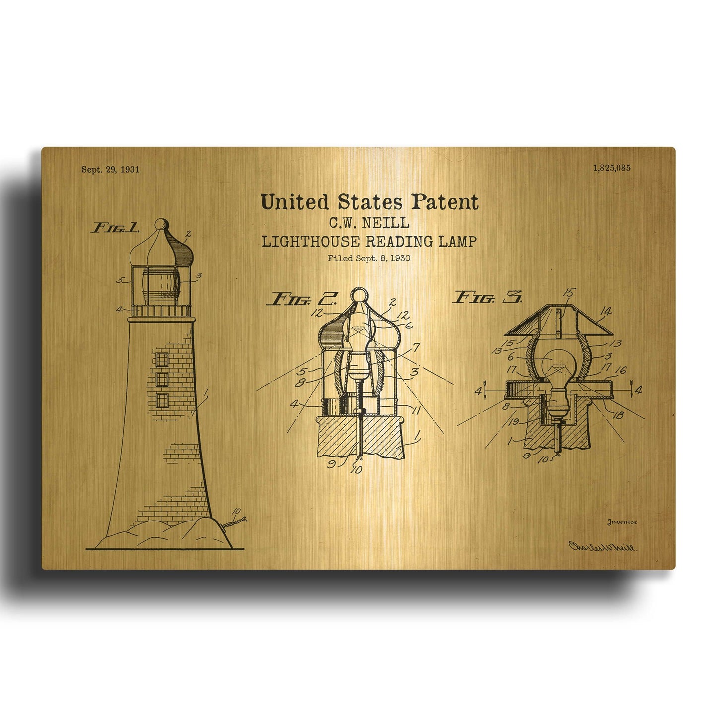 'Lighthouse Reading Lamp Blueprint Patent Parchment' By LUXE Gold Metal Wall Art