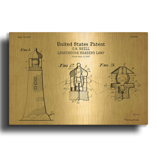 'Lighthouse Reading Lamp Blueprint Patent Parchment' By LUXE Gold Metal Wall Art