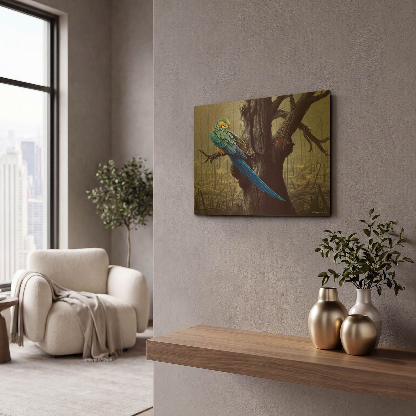 'Blue And Yellow Macaw In Burned Forest' By Harro Maass Gold Metal Wall Art