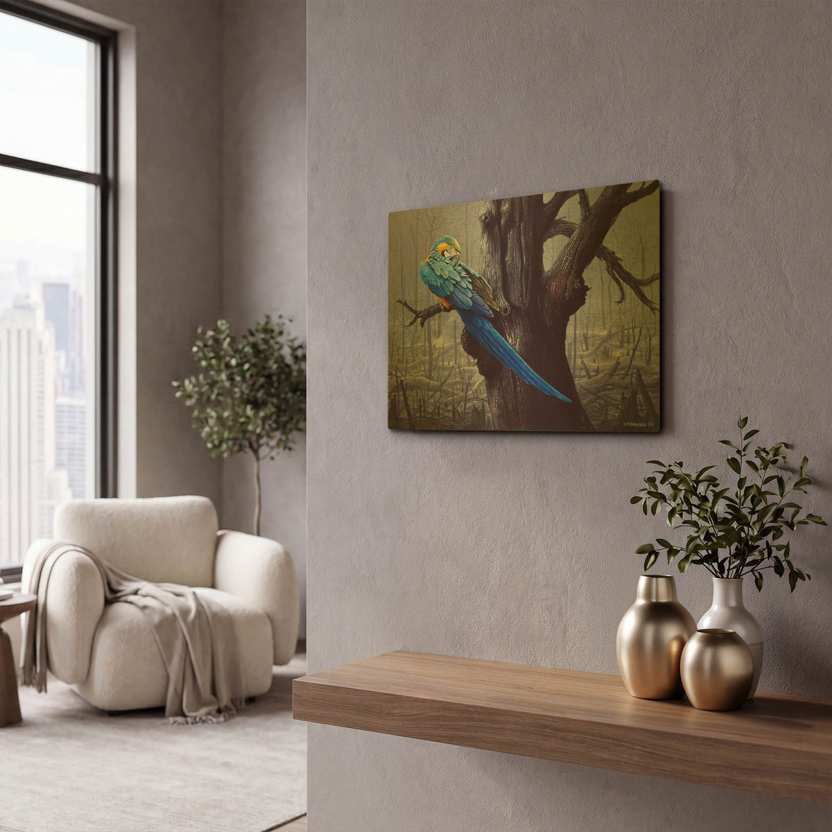 'Blue And Yellow Macaw In Burned Forest' By Harro Maass Gold Metal Wall Art