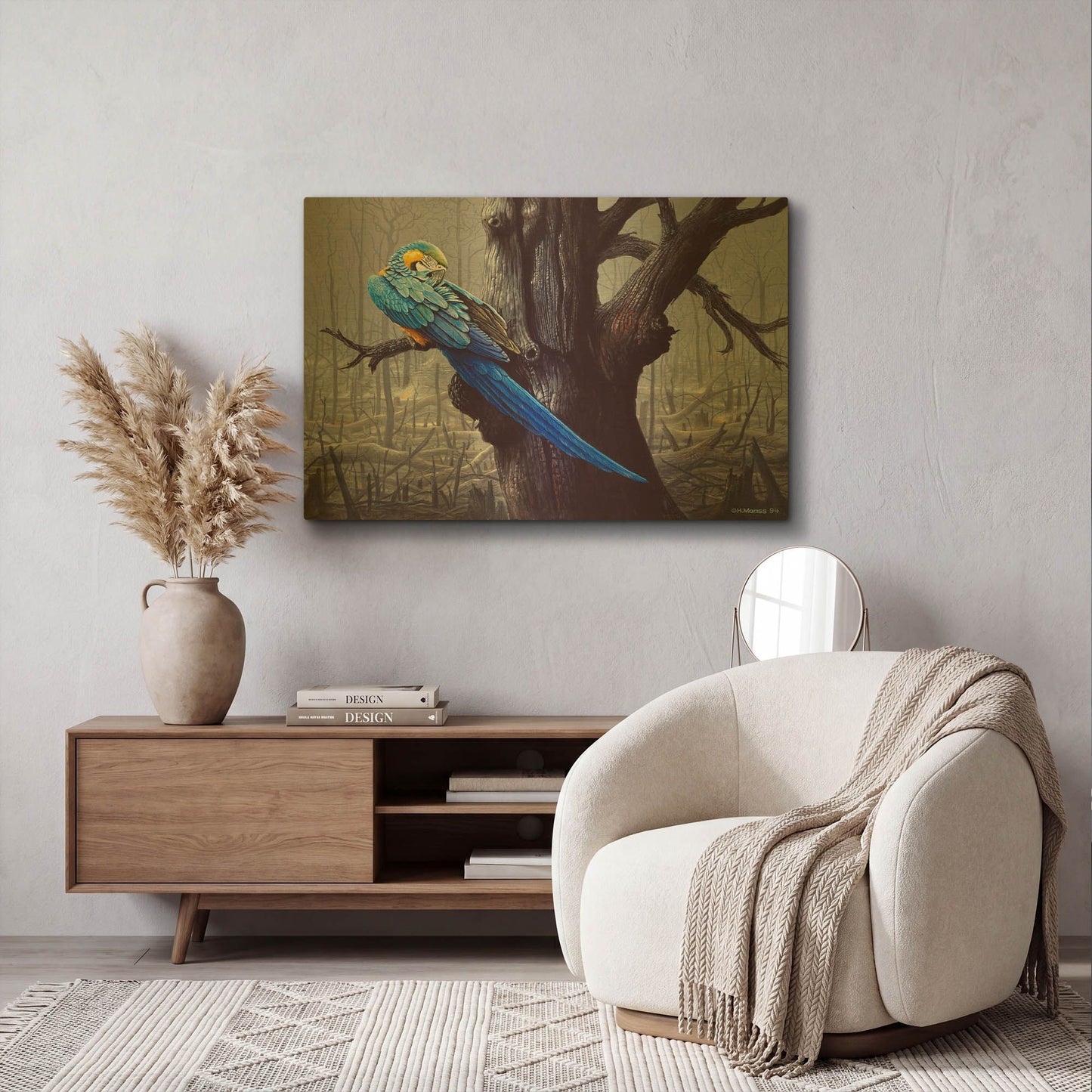 'Blue And Yellow Macaw In Burned Forest' By Harro Maass Gold Metal Wall Art