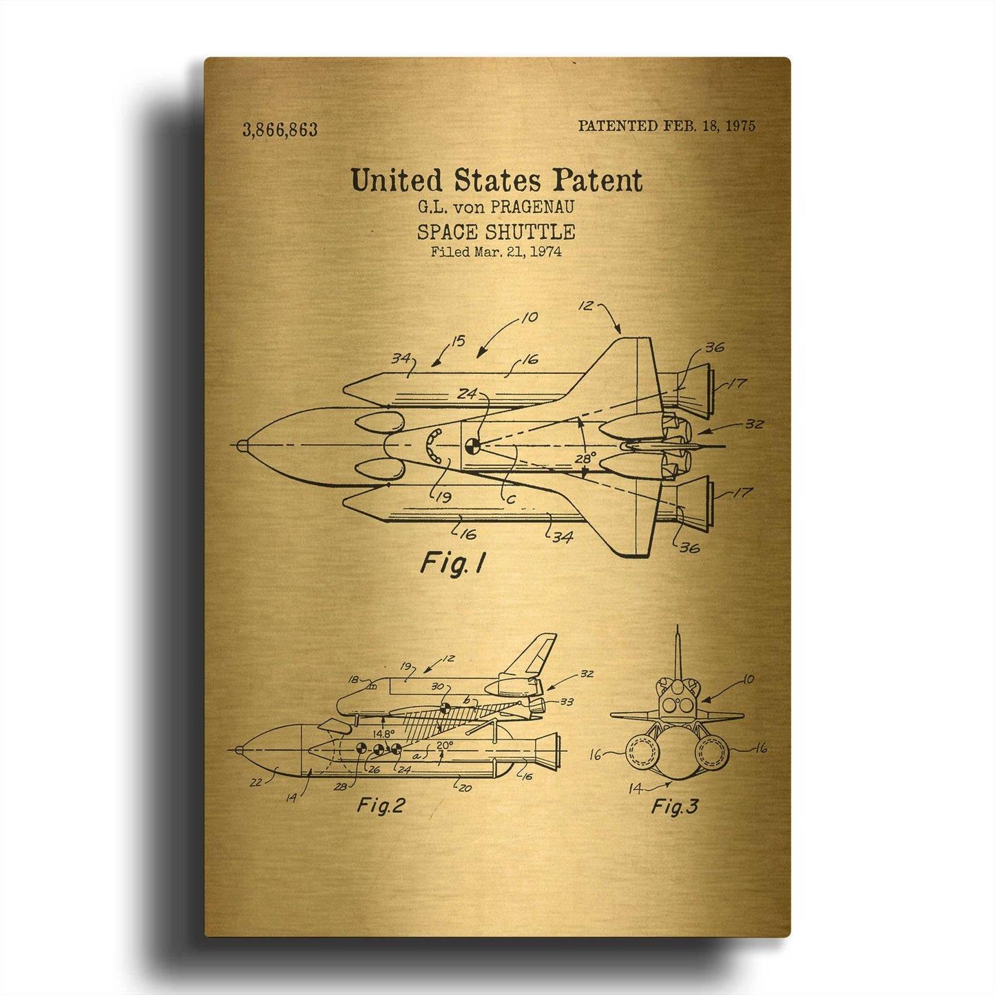 'Space Shuttle Blueprint Patent Parchment' By LUXE Gold Metal Wall Art