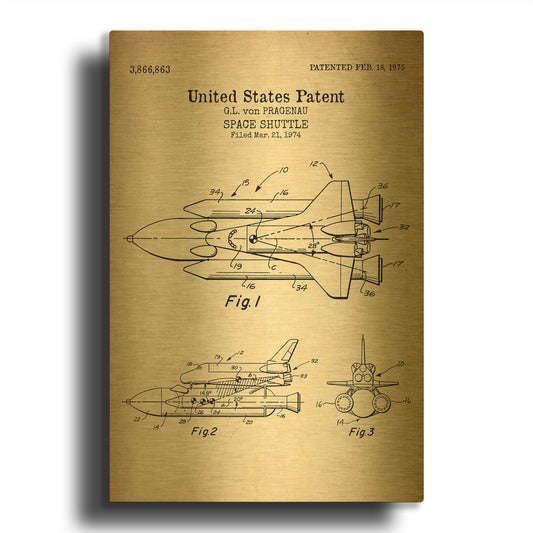 'Space Shuttle Blueprint Patent Parchment' By LUXE Gold Metal Wall Art