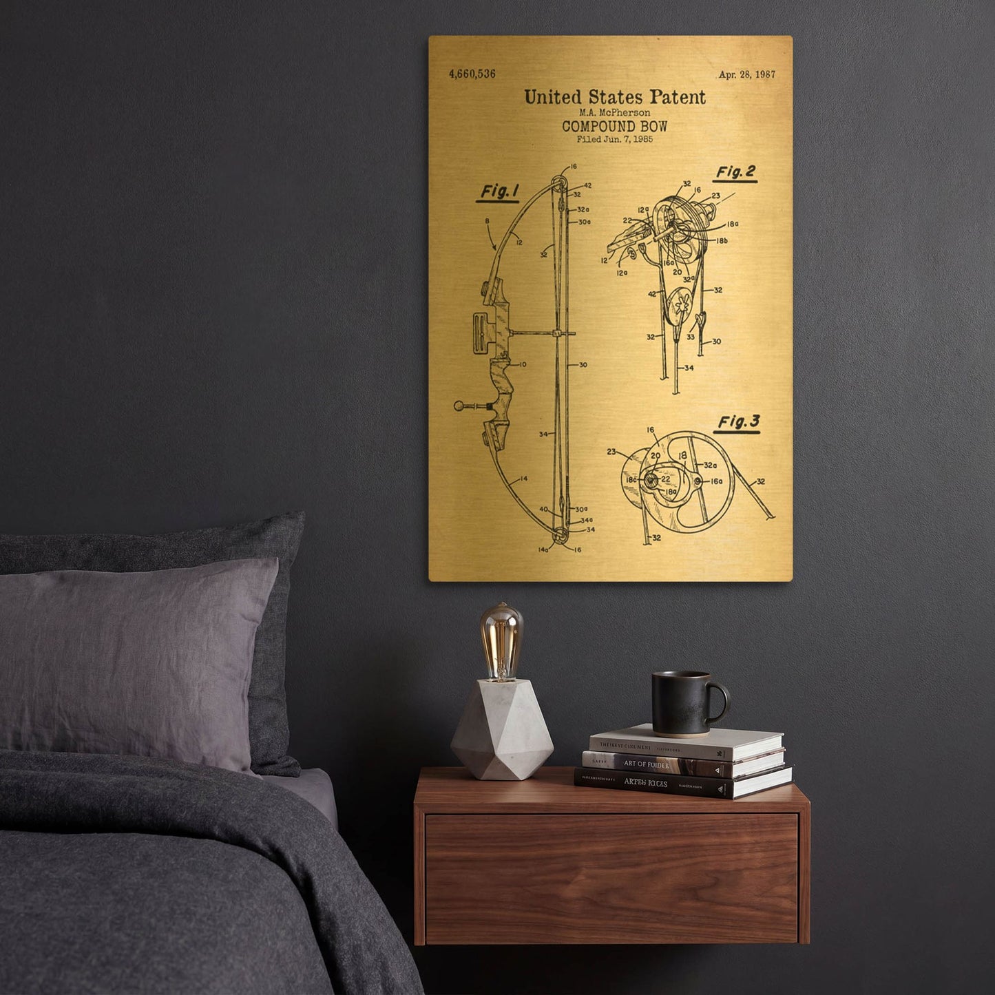 'Compound Bow Blueprint Patent Parchment' By LUXE Gold Metal Wall Art