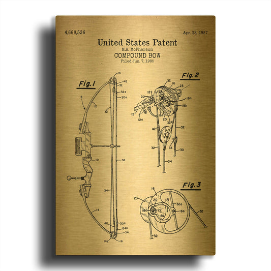 'Compound Bow Blueprint Patent Parchment' By LUXE Gold Metal Wall Art