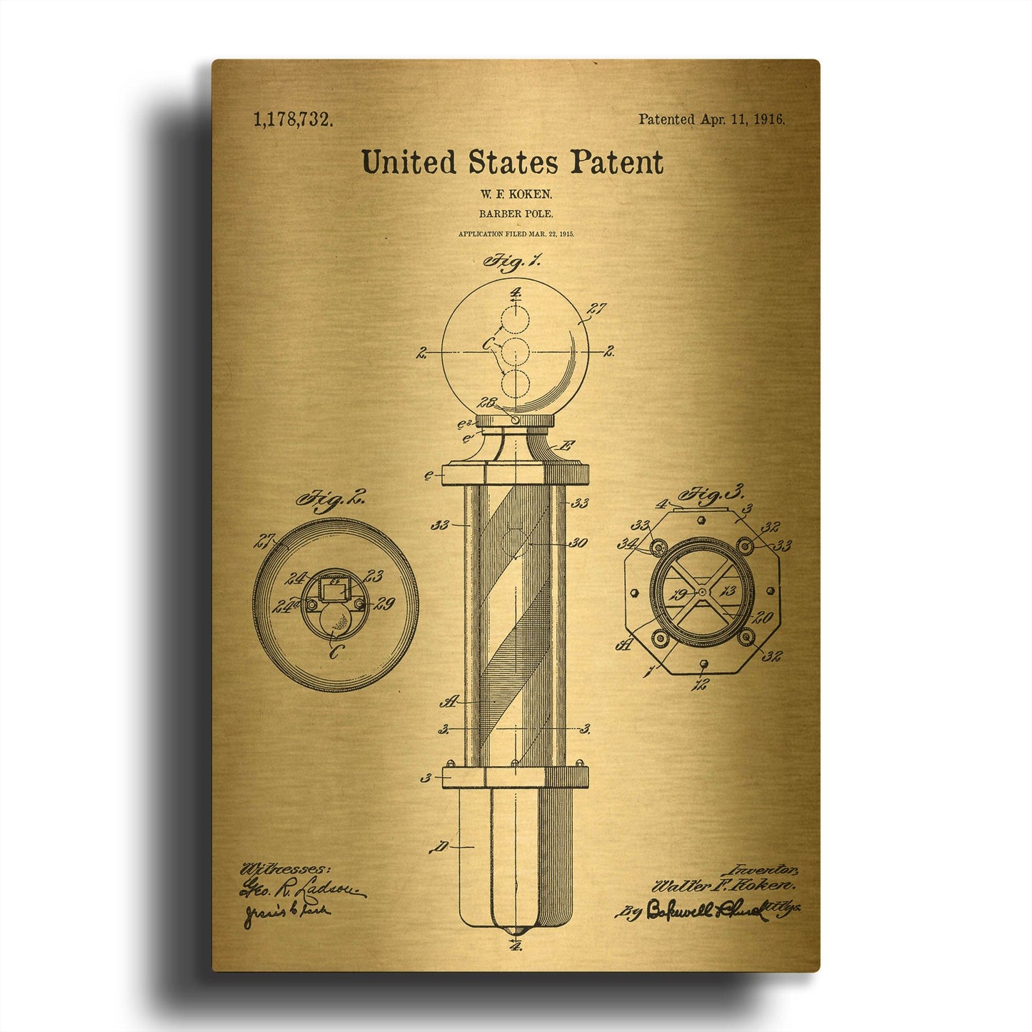 'Barber Pole Blueprint Patent Parchment' By LUXE Gold Metal Wall Art