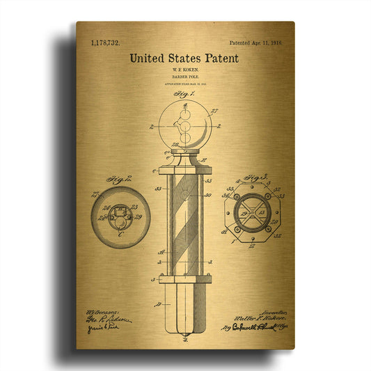 'Barber Pole Blueprint Patent Parchment' By LUXE Gold Metal Wall Art