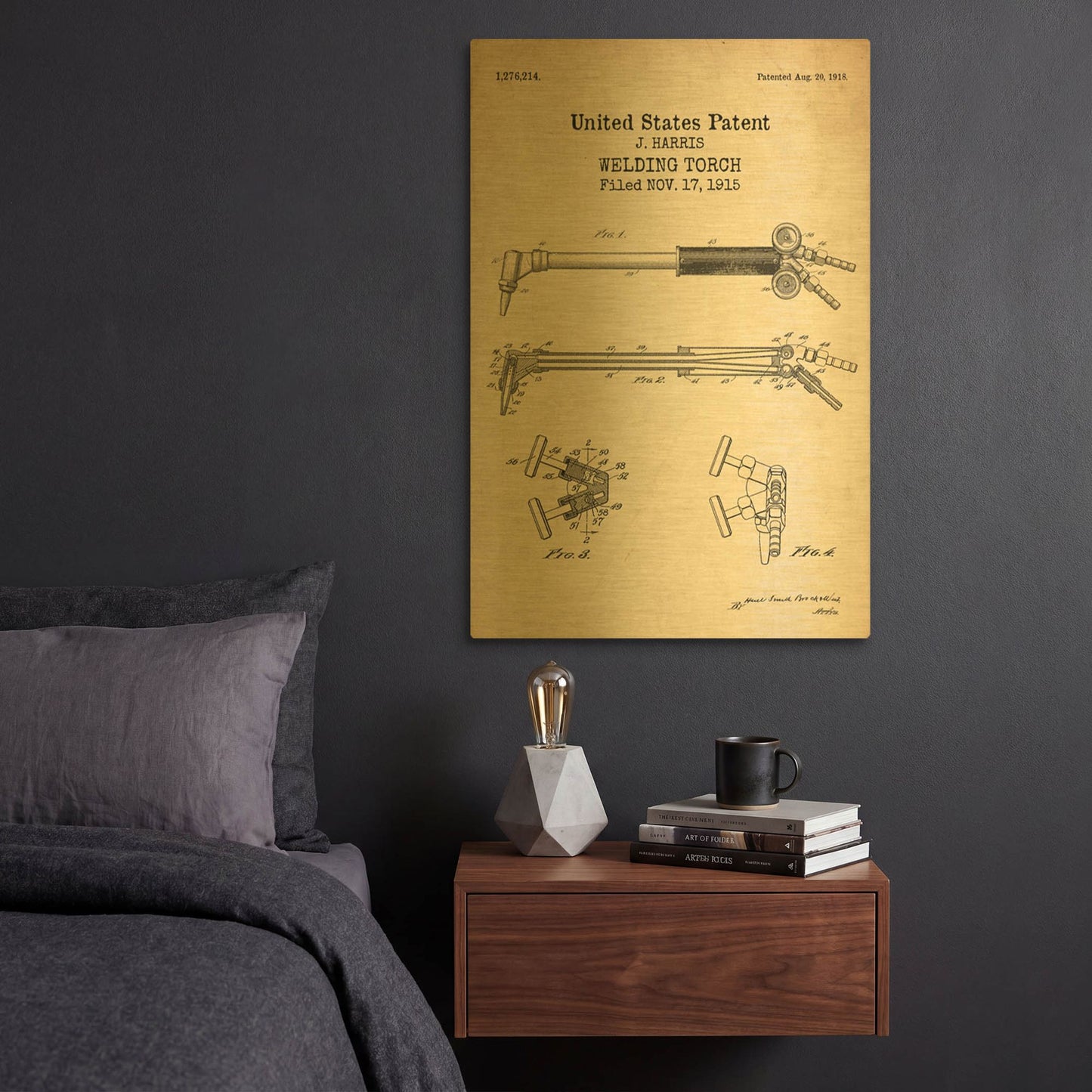 'Welding Torch Blueprint Patent Parchment' By LUXE Gold Metal Wall Art