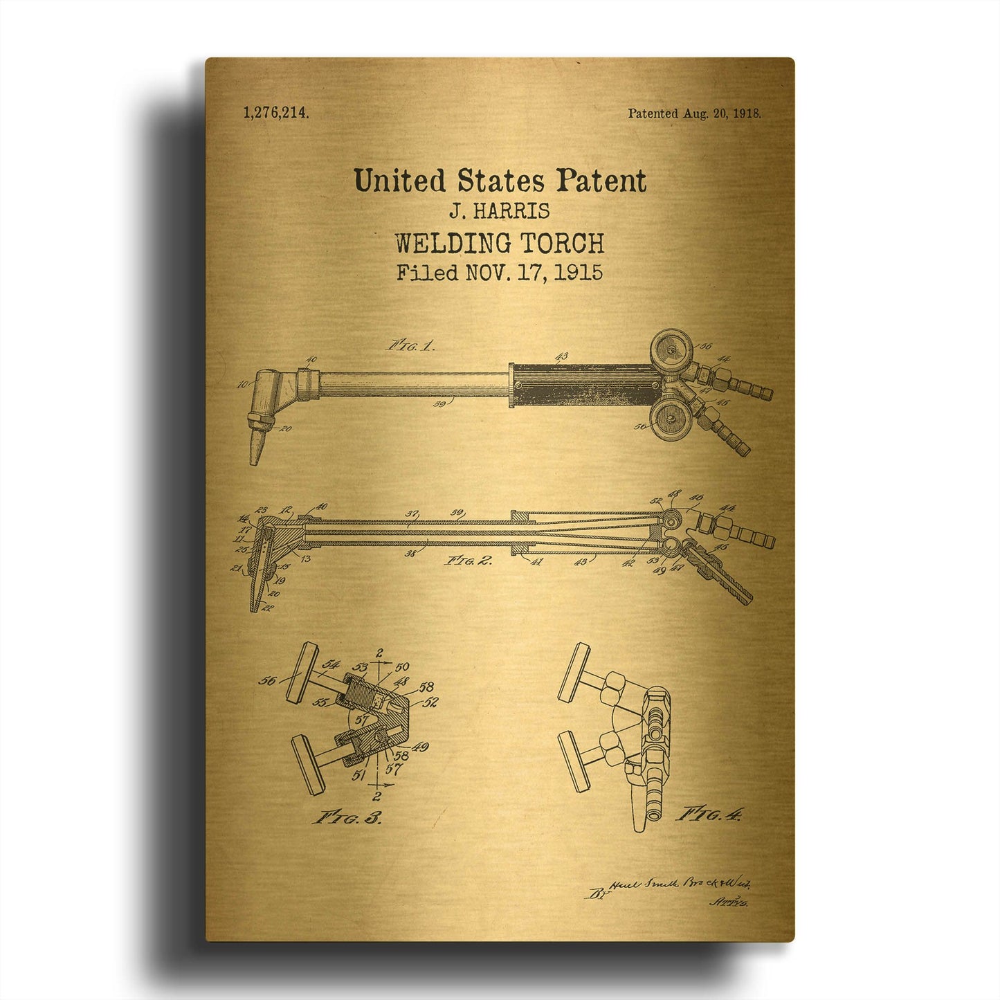 'Welding Torch Blueprint Patent Parchment' By LUXE Gold Metal Wall Art