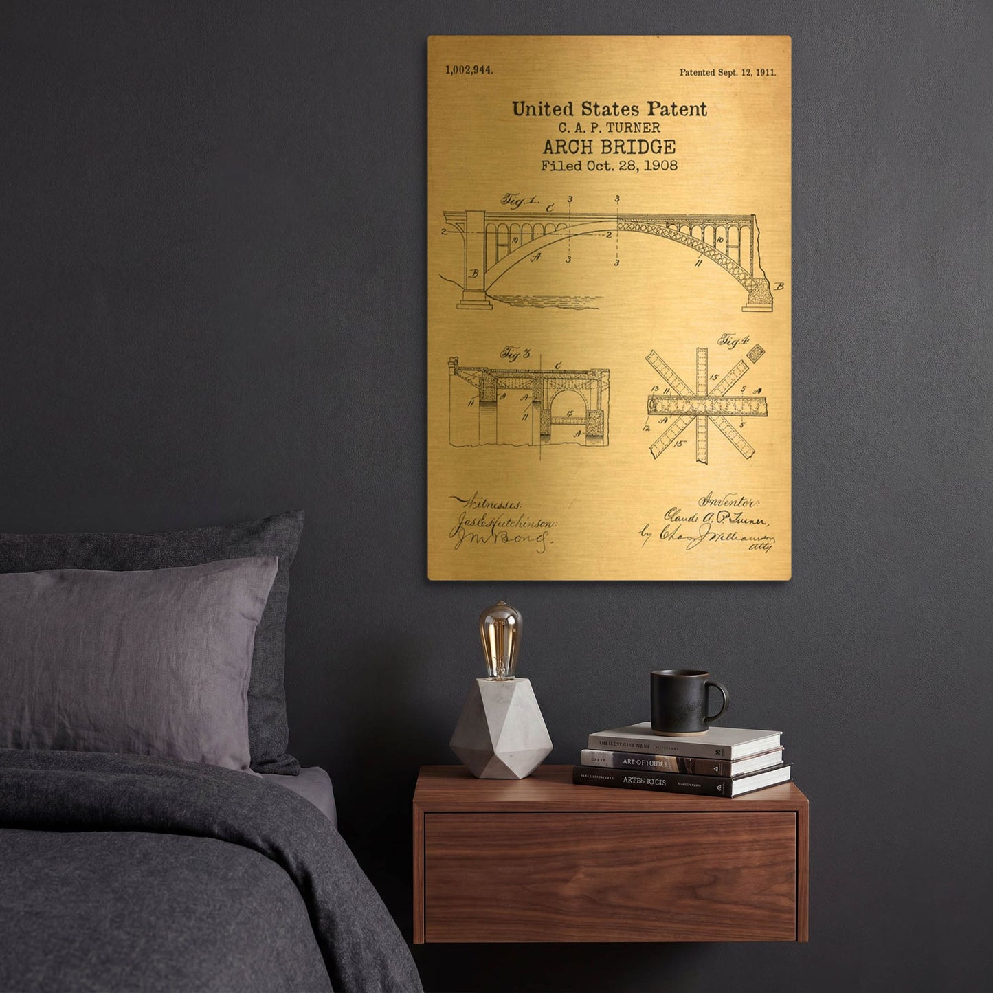'Arch Bridge Blueprint Patent Parchment' By LUXE Gold Metal Wall Art