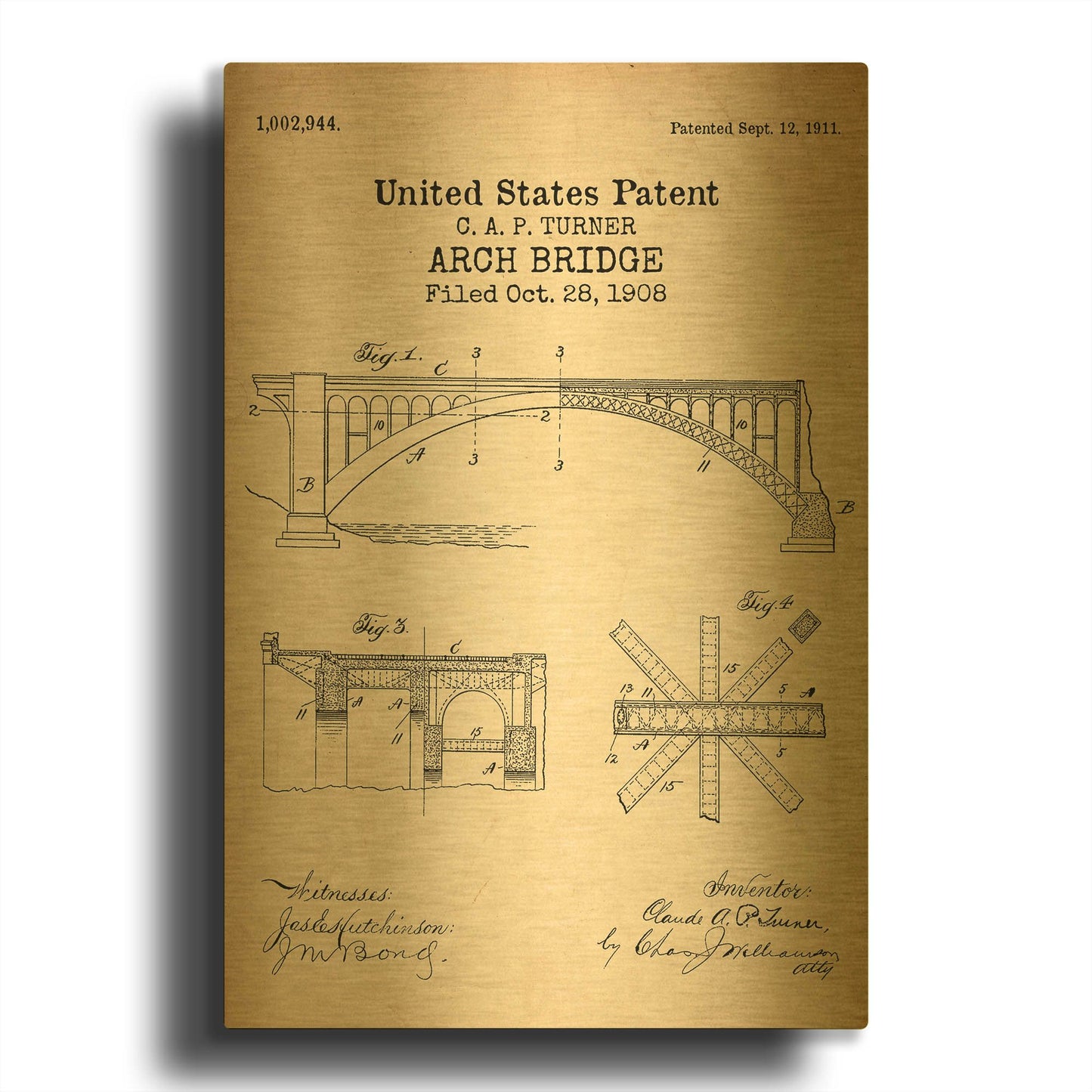 'Arch Bridge Blueprint Patent Parchment' By LUXE Gold Metal Wall Art