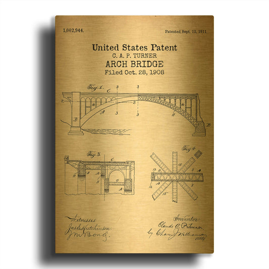 'Arch Bridge Blueprint Patent Parchment' By LUXE Gold Metal Wall Art