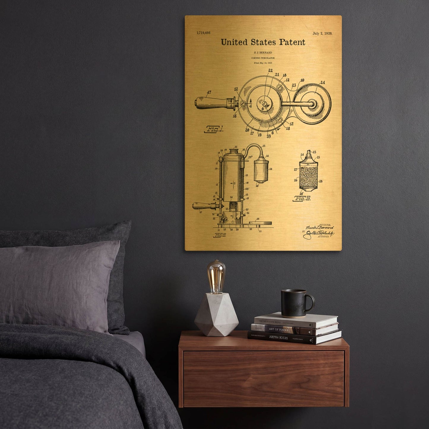 'Coffee Percolator Blueprint Patent Parchment' By LUXE Gold Metal Wall Art