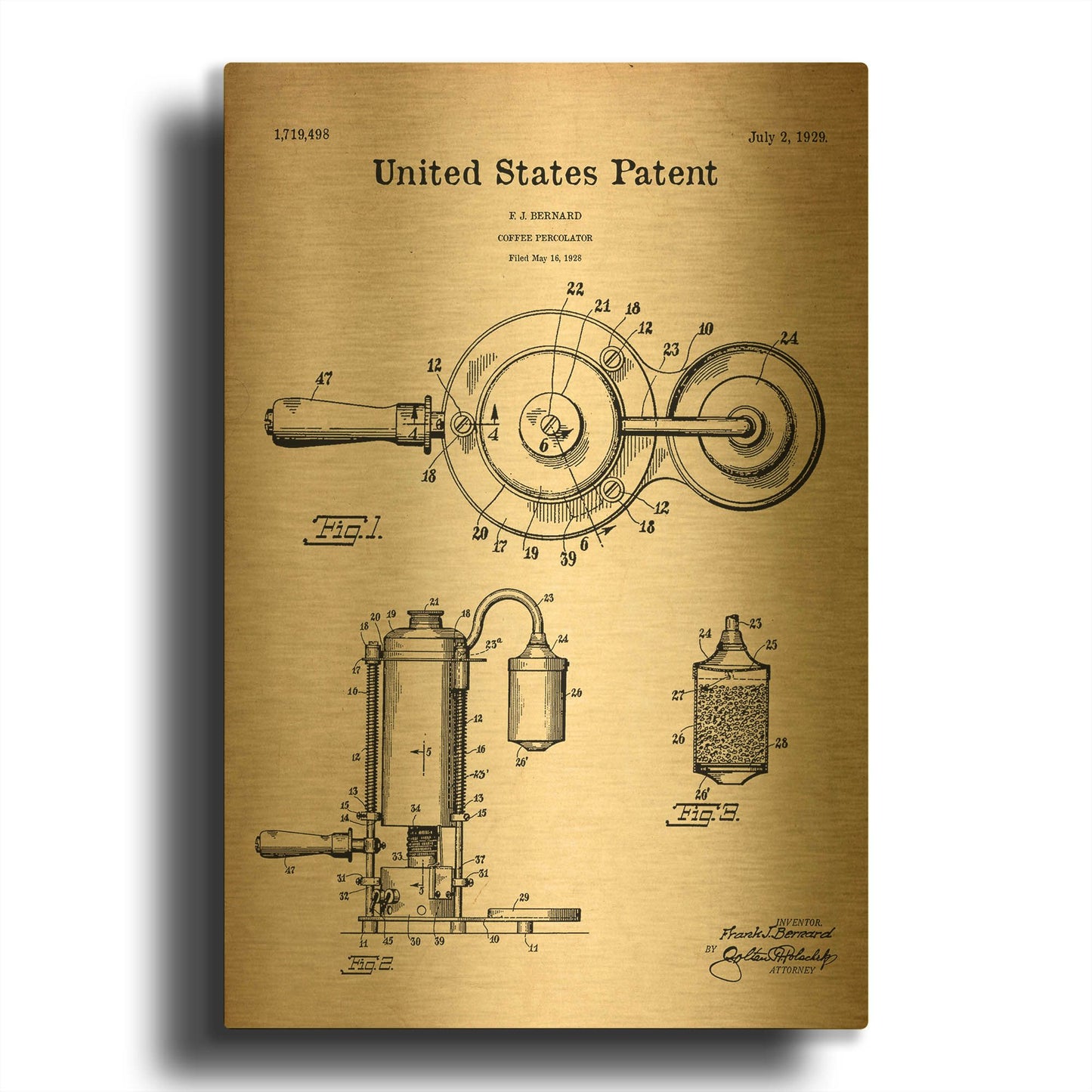 'Coffee Percolator Blueprint Patent Parchment' By LUXE Gold Metal Wall Art