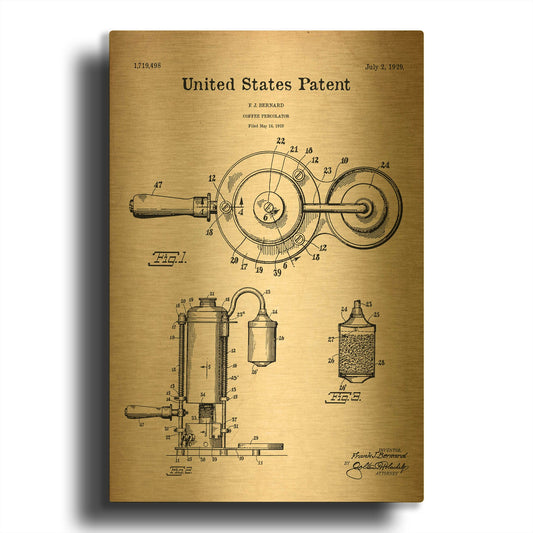 'Coffee Percolator Blueprint Patent Parchment' By LUXE Gold Metal Wall Art