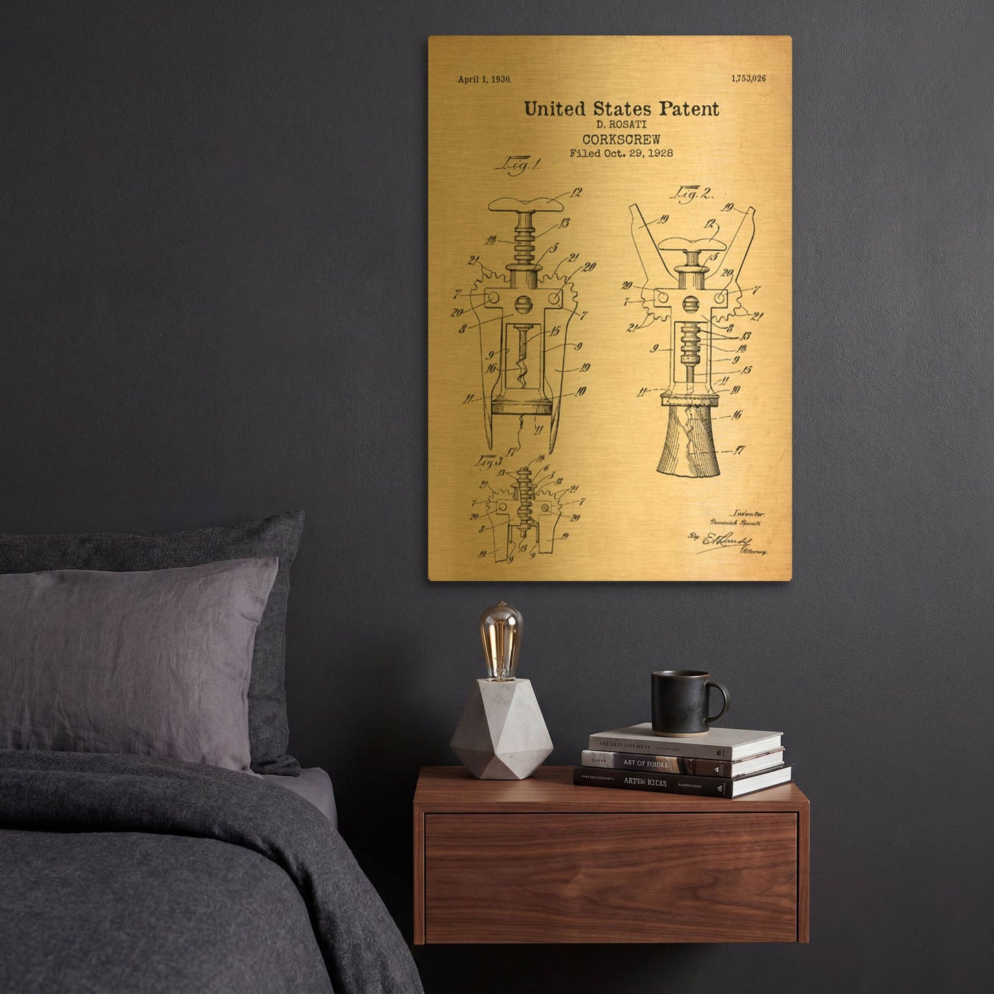 'Corkscrew Blueprint Patent Parchment' By LUXE Gold Metal Wall Art