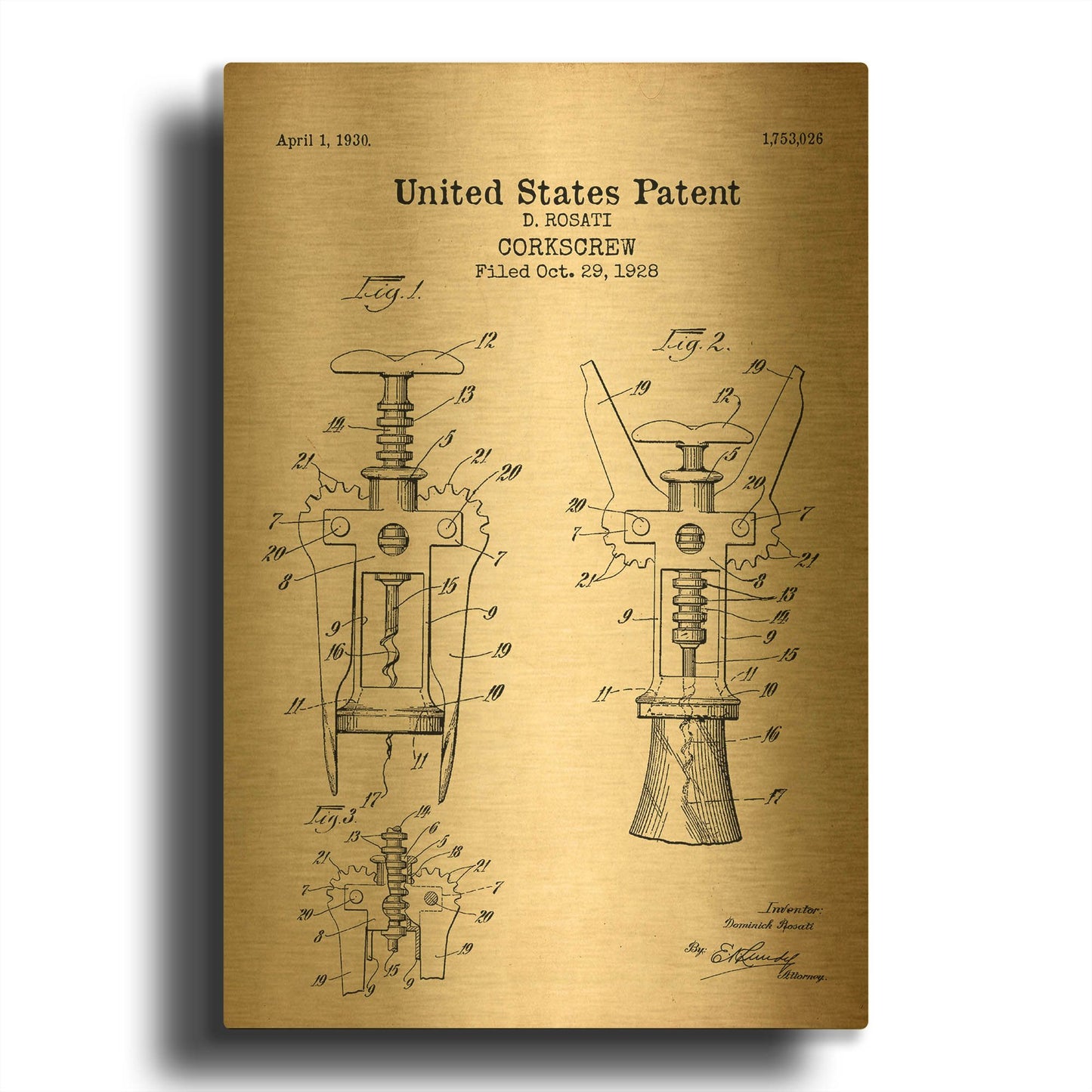 'Corkscrew Blueprint Patent Parchment' By LUXE Gold Metal Wall Art