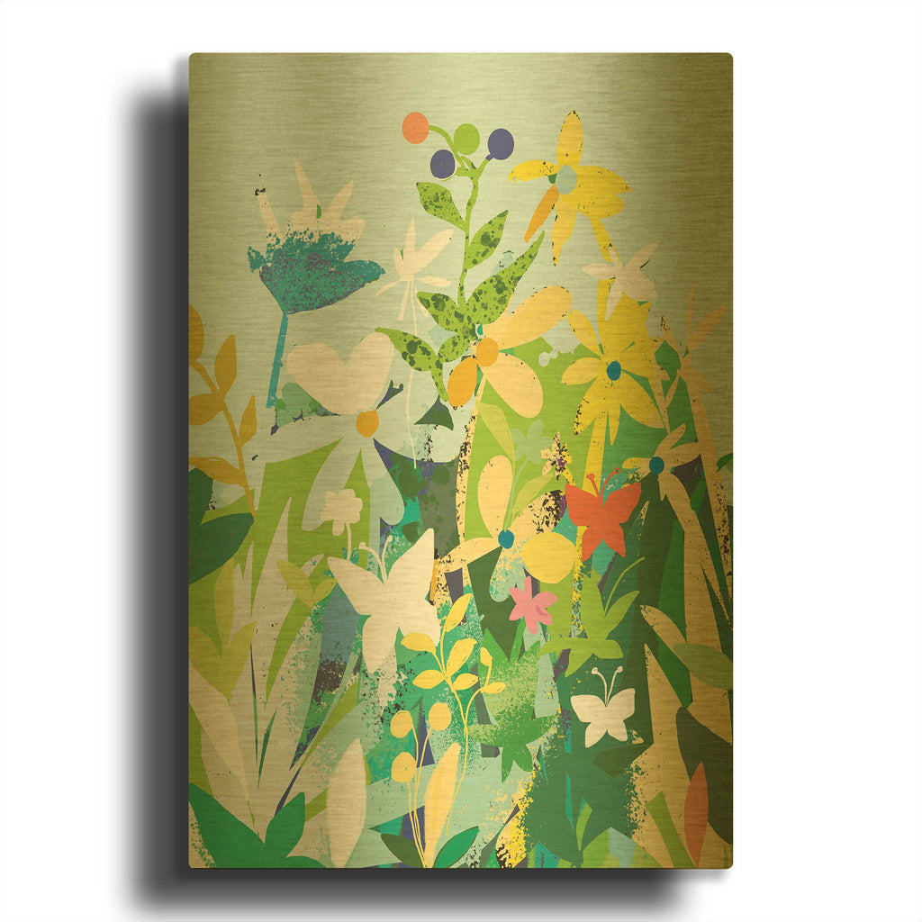 'Flowers And Butterflies' By Holly McGee Gold Metal Wall Art