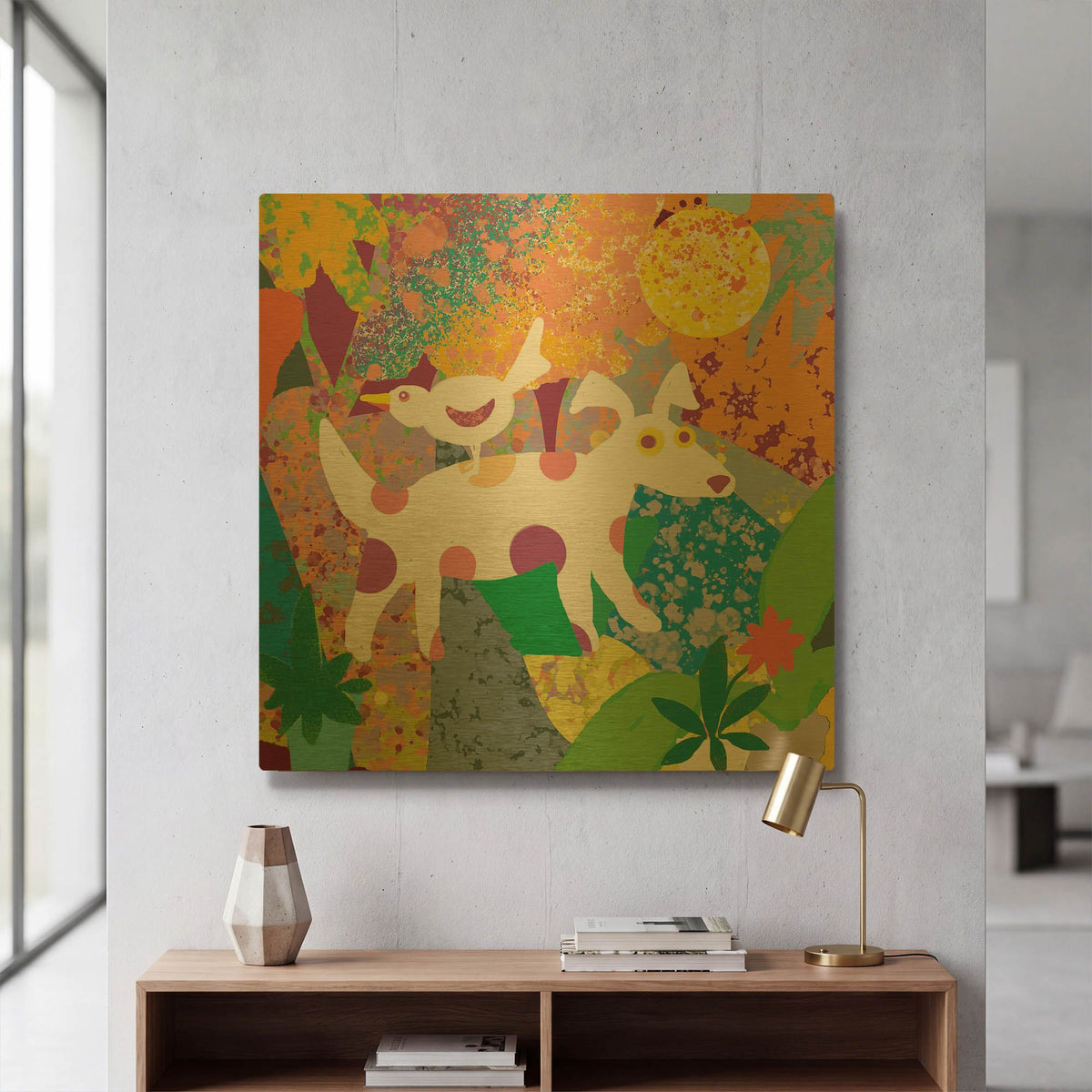 'Roosting Bird And Dog' By Holly McGee Gold Metal Wall Art