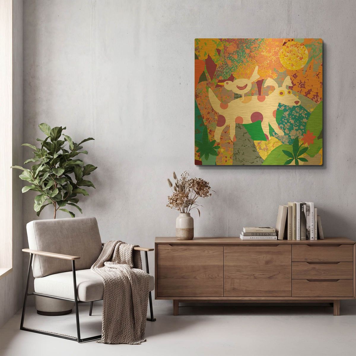 'Roosting Bird And Dog' By Holly McGee Gold Metal Wall Art