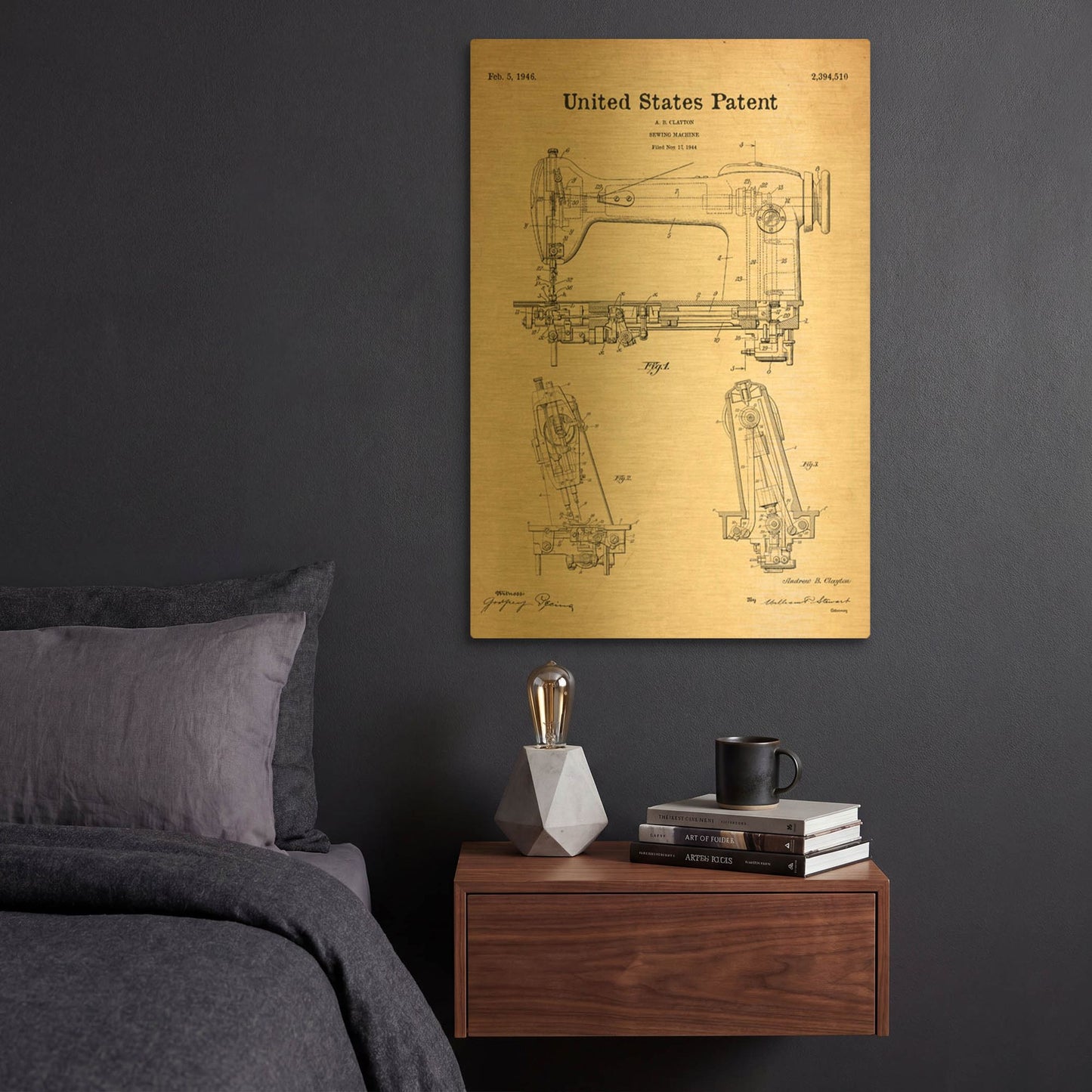 'Sewing Machine Blueprint Patent Parchment' By LUXE Gold Metal Wall Art