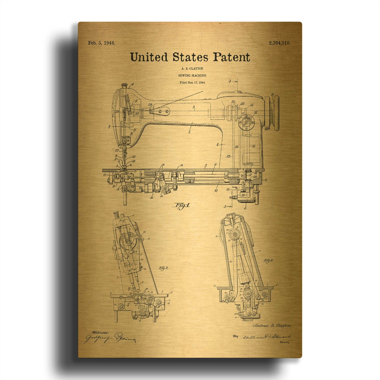 'Sewing Machine Blueprint Patent Parchment' By LUXE Gold Metal Wall Art