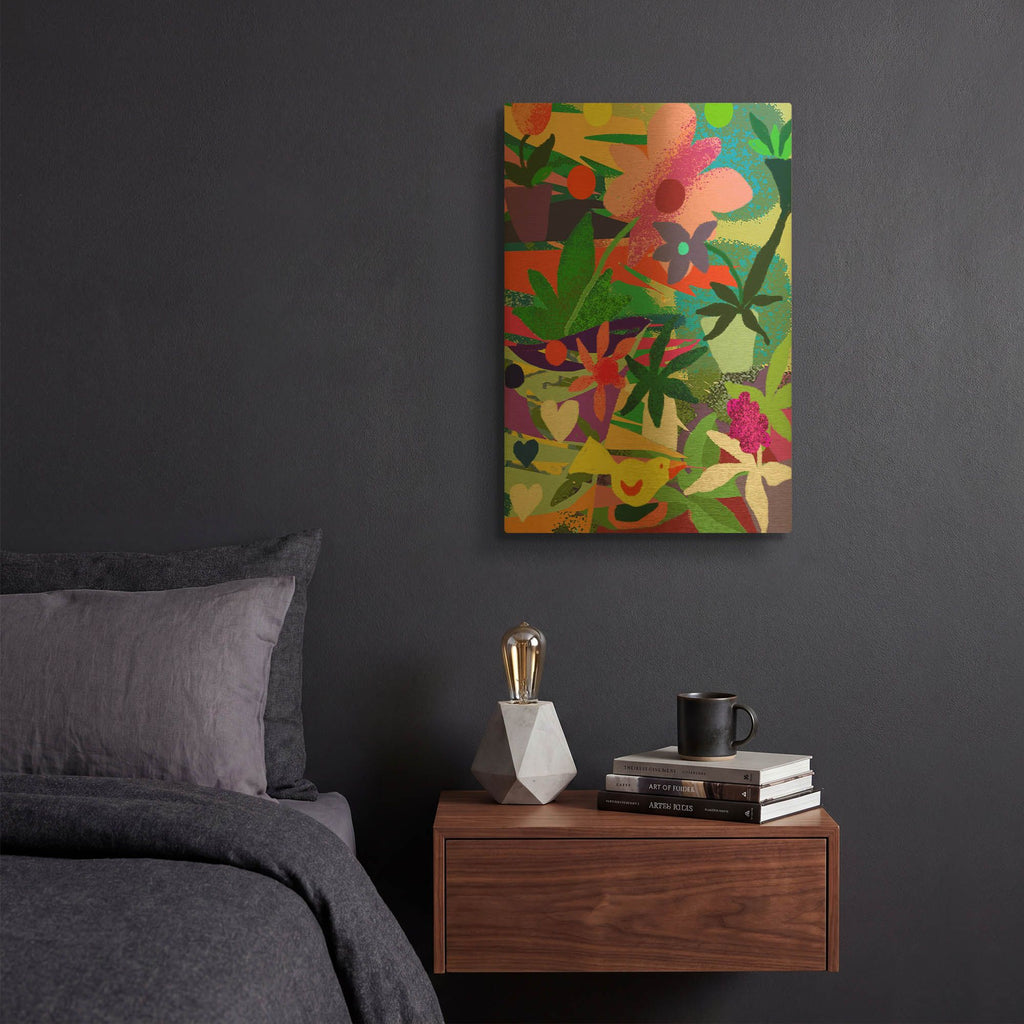 'Yellow Bird And Flowers' By Holly McGee Gold Metal Wall Art