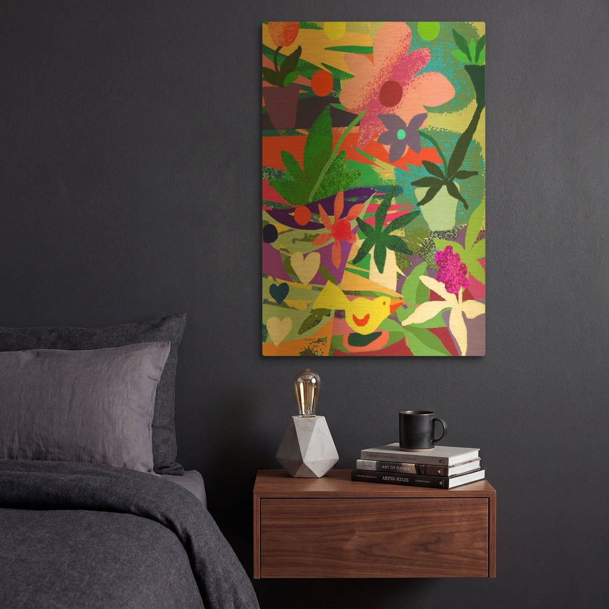 'Yellow Bird And Flowers' By Holly McGee Gold Metal Wall Art