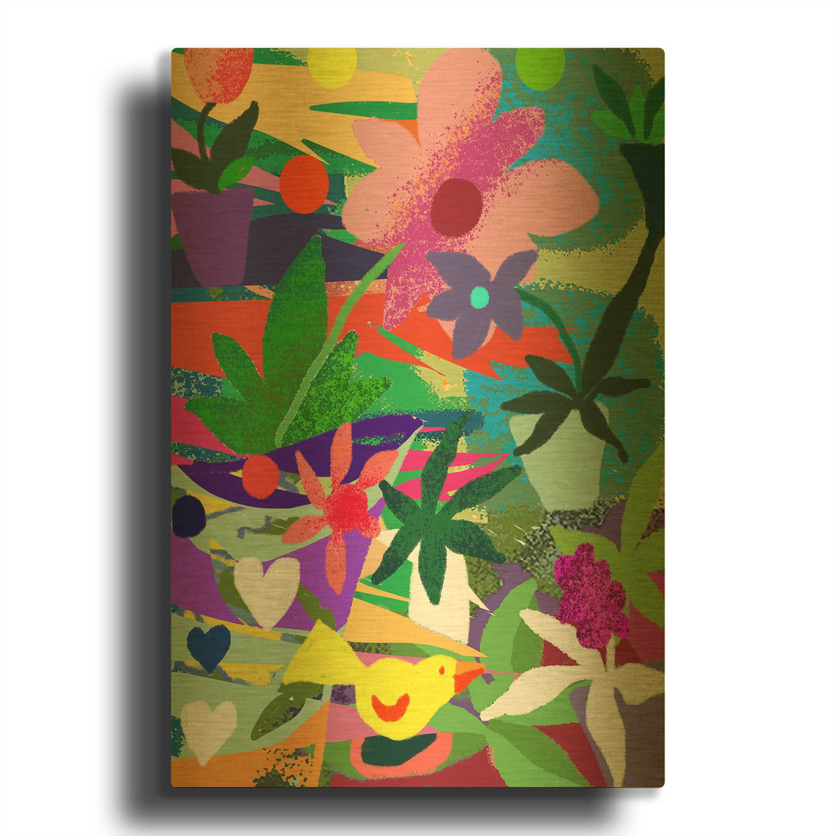 'Yellow Bird And Flowers' By Holly McGee Gold Metal Wall Art