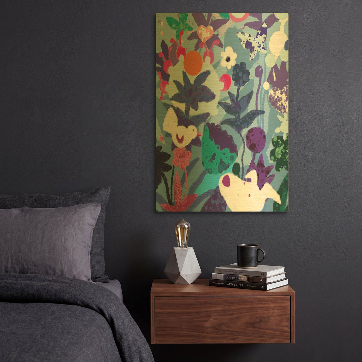 'Blue Floral With Dog And Bird' By Holly McGee Gold Metal Wall Art