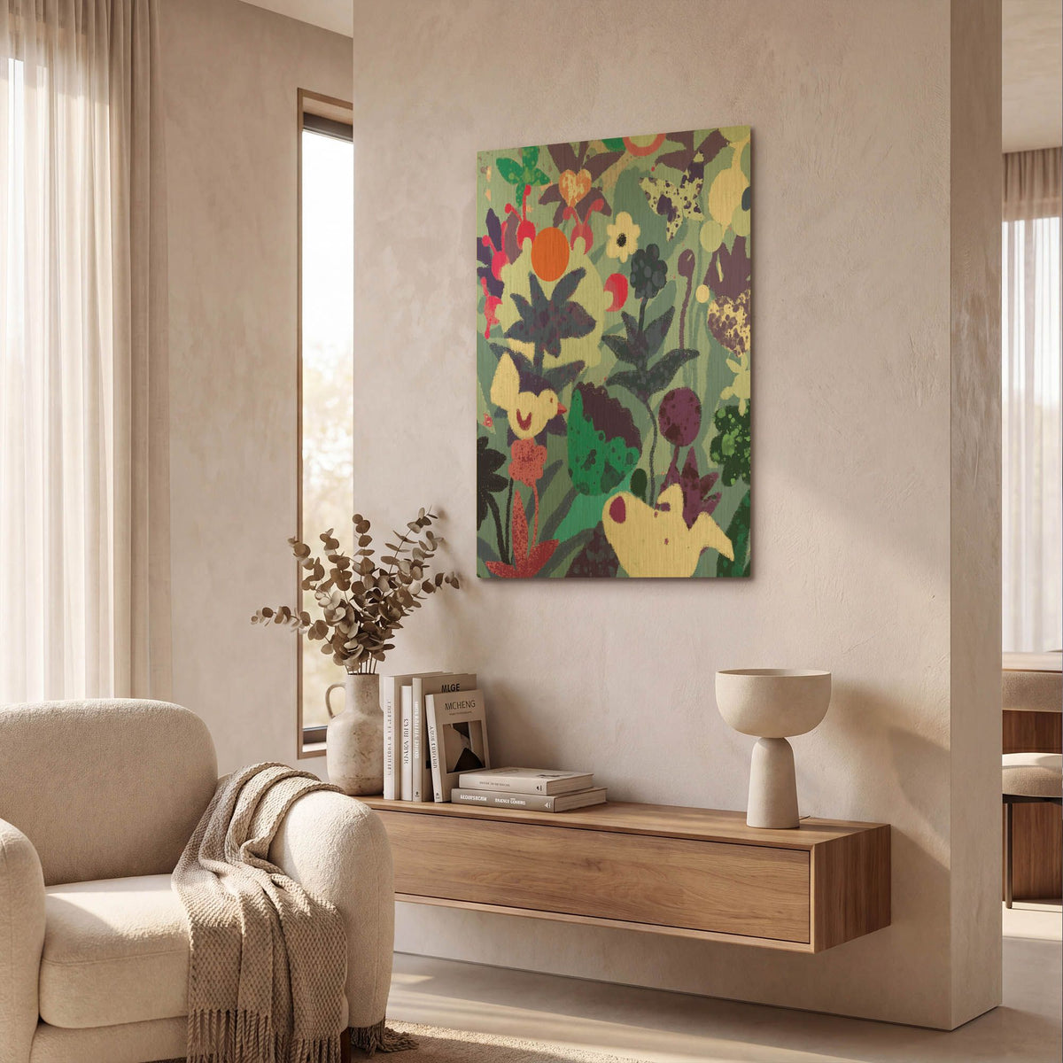 'Blue Floral With Dog And Bird' By Holly McGee Gold Metal Wall Art
