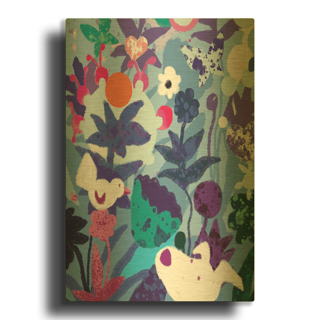 'Blue Floral With Dog And Bird' By Holly McGee Gold Metal Wall Art