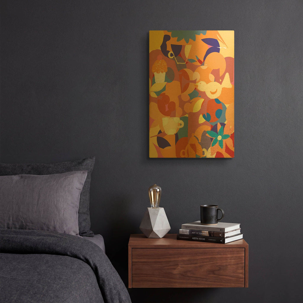 'Autumn Colors With Bird And Teacup' By Holly McGee Gold Metal Wall Art
